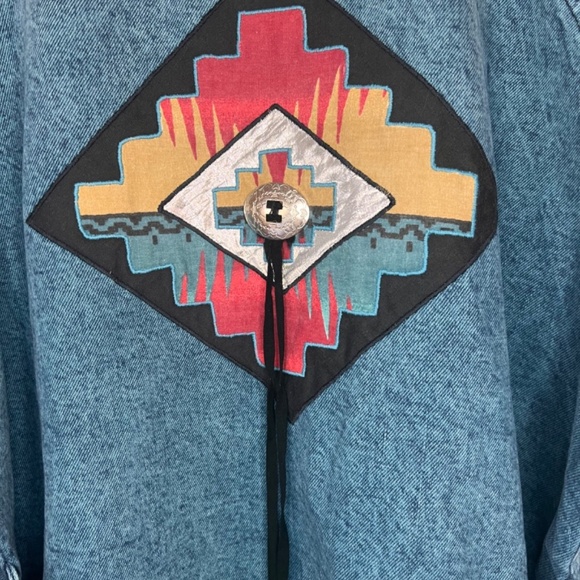 Vintage Sundance Denim Southwestern Concho Teal Aztec Print Acid Wash Coat USA L - Picture 5 of 16